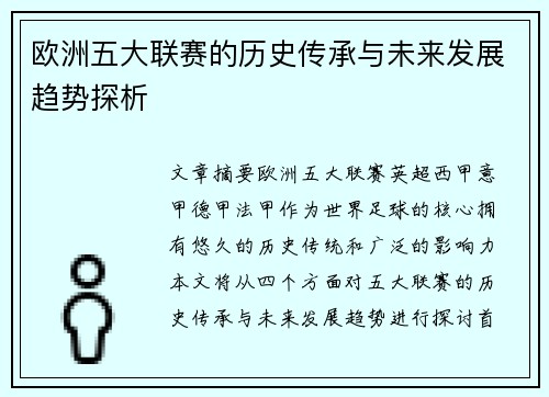 欧洲五大联赛的历史传承与未来发展趋势探析