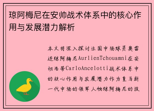 琼阿梅尼在安帅战术体系中的核心作用与发展潜力解析
