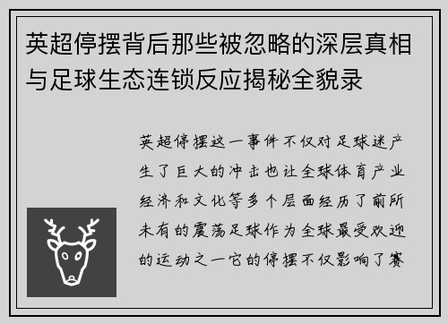 英超停摆背后那些被忽略的深层真相与足球生态连锁反应揭秘全貌录